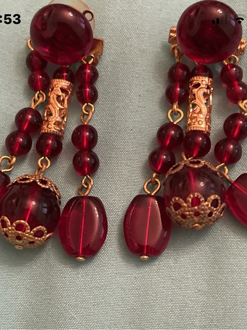 Vintage Gold-Tone Red Beaded Dangle Earrings